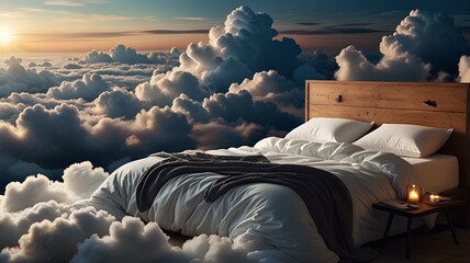 A comfortable cozy bed surrounded by fluffy clouds. perfect relaxing bedtime.