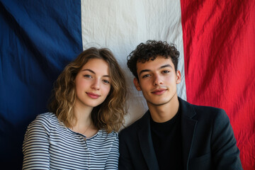 Portrait of two stylish French young adults posing confidently with the French flag in the background, symbolizing culture and pride.