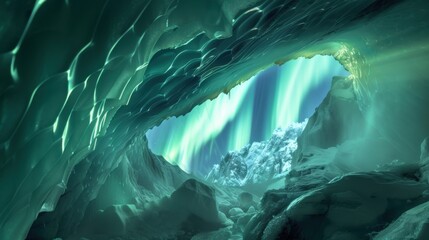 Poster - A dramatic view of a high-altitude ice cave with towering, translucent ice formations and a rare, vivid aurora borealis casting a dynamic glow through the ice