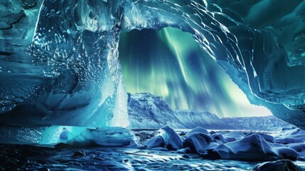 Poster - A dramatic view of a high-altitude ice cave with towering, translucent ice formations and a rare, vivid aurora borealis casting a dynamic glow through the ice