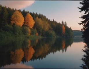 Wall Mural - lake in the forest beautiful landscape at sunset