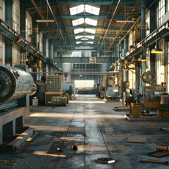 A long, empty industrial space with machines and equipment. AI.