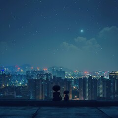 Wall Mural - Two figures sit on a rooftop looking at a city skyline at night. AI.