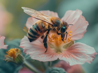 Sticker - A bee gathers pollen from a pink flower. AI.