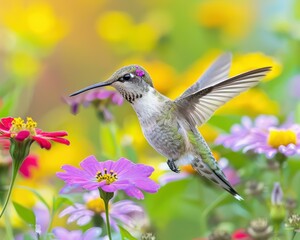 Wall Mural - A hummingbird in flight hovers near colorful flowers. AI.