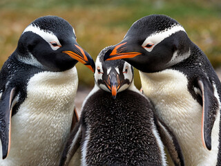 a cute portrait of a family of penguins in their natural environment