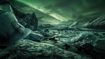 Poster - A dramatic view of an ice-covered fjord with colossal icebergs and a rare, bright aurora borealis weaving intricate light patterns over the frozen waters, Ice-covered fjord scene