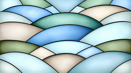 Poster - Stunning abstract design featuring soft, flowing waves in various shades of blue and green, reminiscent of stained glass art. This vibrant composition evokes sense of tranquility and joy