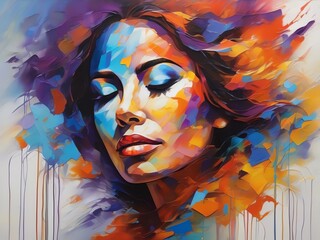 A portrait illustration of a woman's face with closed eyes immersed in vibrant abstract colors