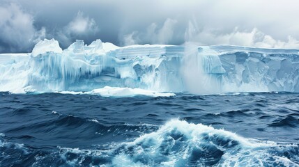 Poster - A dramatic view of the Antarctic ice shelves calving massive icebergs into the frigid waters of the Southern Ocean, Polar scene, Dramatic style