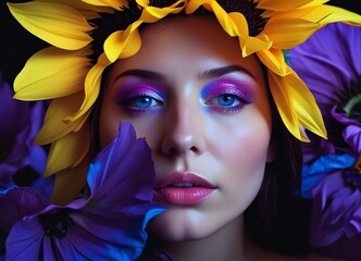 An surreal image of woman's face and glowing blue and purple sunflower petal