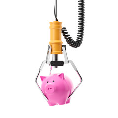 Poster - A claw machine grabs a pink piggy bank, isolated on a white background. Symbolizes finance, savings, and opportunity. 3D Rendering