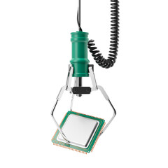 Poster - Robotic arm with green housing holding a computer processor chip, isolated on a white background, representing technology and automation. 3D Rendering.