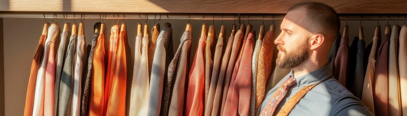 A man stands in front of a rack of clothes, looking at the different colors