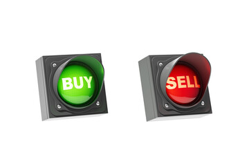Poster - Two signal lights with BUY in green and SELL in red, isolated on a white background. Concept of trading and decision-making. 3D Rendering