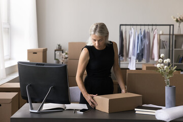 Busy older lady saleswoman online store worker prepare order for shipment at storehouse area. Confident sales manager make parcel for postal delivery pack consumer goods to box at e-commerce web shop