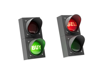 Poster - Two traffic lights showing green BUY and red SELL signals isolated on white background, representing stock market concepts. 3D Rendering.