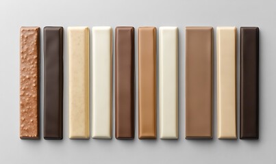 Wall Mural -  Set of white blank packaging for a chocolate bar with brown and beige colors, top view isolated on a grey background mockup template design 

