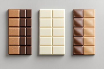 Wall Mural -  Set of white blank packaging for a chocolate bar with brown and beige colors, top view isolated on a grey background mockup template design 

