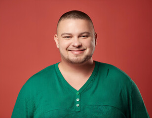 Portrait of Handsome Young Man Happily Smiling Against Colored Studio Background