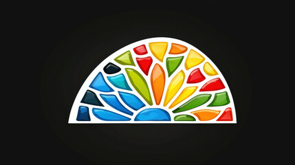Poster - Colorful stained glass design featuring sunburst pattern with vibrant hues of red, orange, yellow, green, and blue, set against dark background, creating joyful and artistic atmosphere