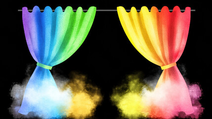 Poster - Colorful curtains create vibrant atmosphere, blending shades of green, blue, yellow, and red. soft fabric drapes elegantly, enhancing visual appeal of any space