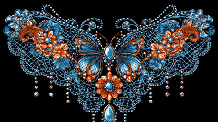 Intricate butterfly design featuring vibrant blue and orange colors, adorned with floral elements and decorative beads, creating stunning visual effect