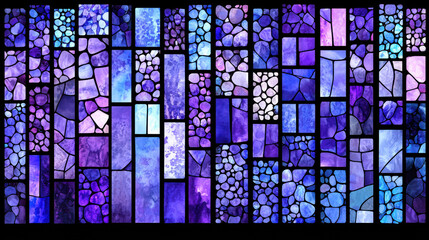 Poster - Vibrant stained glass artwork featuring mosaic of purple hues, showcasing various shapes and textures that create joyful and artistic expression