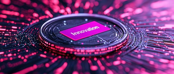 Poster - Innovation Hub: A stylized 3D rendering of a circuit board with a pink 