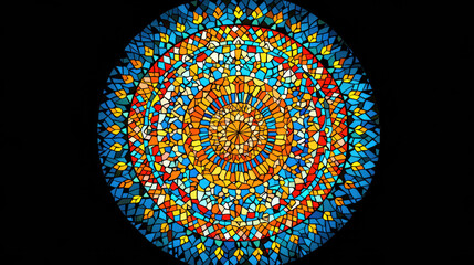 Poster - Vibrant stained glass window featuring circular design with intricate patterns in blue, orange, and yellow hues, creating stunning visual effect