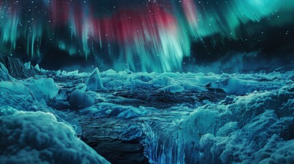Poster - A mesmerizing perspective of a high-altitude glacier lake with frozen ice formations and a rare, deep red aurora borealis casting an ethereal glow over the icy waters, Glacier lake scene
