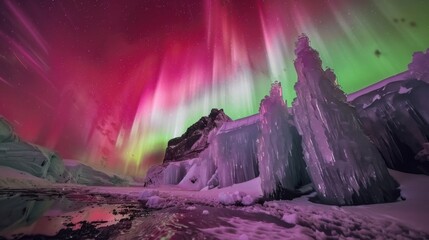 Poster - A mesmerizing perspective of a high-altitude glacier lake with frozen ice formations and a rare, deep red aurora borealis casting an ethereal glow over the icy waters, Glacier lake scene
