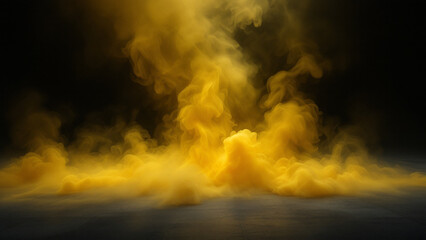 Wall Mural - yellow smoke on the floor. isolated black background. foggy fog effect texture overlays for text or 