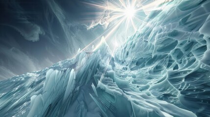 Poster - A mesmerizing perspective of a high-altitude ice crevasse with intricate ice formations and a rare, bright solar flare casting dramatic light patterns over the icy depths, Ice crevasse scene