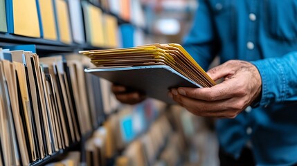 Poster - Security camera footage of a businessperson deleting files from a company server Stock Photo with side copy space