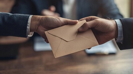 Poster - Hidden contract deal in a corporate office with executives shaking hands over a sealed envelope Stock Photo with side copy space