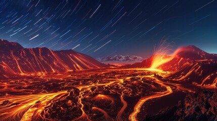 Poster - A mesmerizing perspective of a remote volcanic ridge with active geothermal vents and a rare, vivid aurora australis casting a magical glow over the volcanic terrain, Volcanic ridge scene