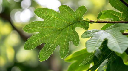 Wall Mural - Close-up of a green leaf with visible veins, illuminated by sunlight.