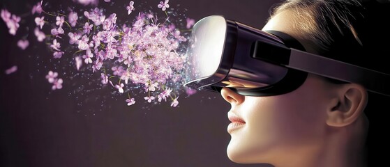 A woman wearing VR goggles is surrounded by pink particles, illustrating an immersive digital experience.