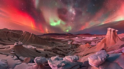Poster - A mesmerizing shot of a high-altitude desert basin with bizarre, wind-sculpted rock formations and a rare, deep red aurora borealis creating a celestial glow over the arid terrain