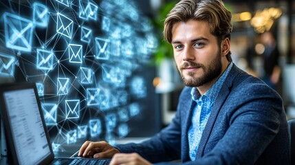 Poster - Business executive nervously erasing emails and clearing data to avoid legal consequences Stock Photo with side copy space