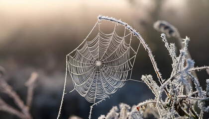 Poster - Delicate frosted spiderweb glimmering in morning light