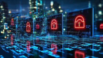 Poster - Corporate data center under heavy cyber attack with warning symbols and encrypted codes on monitors Stock Photo with side copy space
