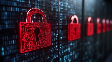 Poster - Corporate data center under heavy cyber attack with warning symbols and encrypted codes on monitors Stock Photo with side copy space