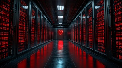 Poster - Corporate data center under heavy cyber attack with warning symbols and encrypted codes on monitors Stock Photo with side copy space