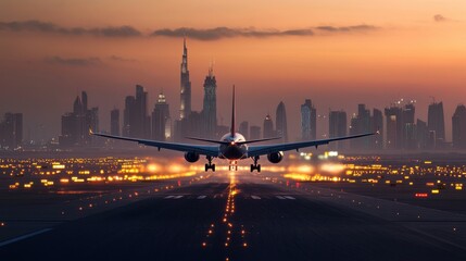 A cargo plane landing at Dubai International Airport, with a backdrop of the city iconic