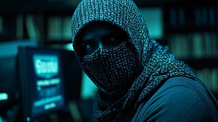 Poster - Online bank account being hacked with a warning message on the screen and a concerned user Stock Photo with side copy space