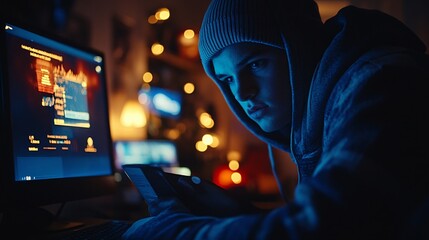 Poster - Online bank account being hacked with a warning message on the screen and a concerned user Stock Photo with side copy space