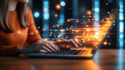 Poster - Cybersecurity professional typing on a laptop in a server room full of blinking data lights Stock Photo with side copy space