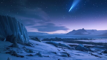 Poster - A mesmerizing shot of a high-altitude glacier field with rare, geometric ice patterns and a deep blue comet streaking across the twilight sky, Glacier field scene